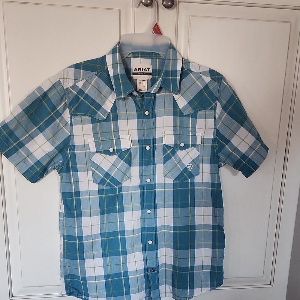 Ariat Blue and White Plaid Casual Button Down Shirt